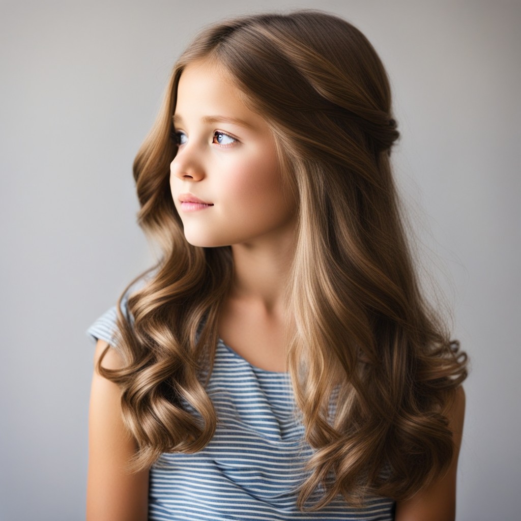 Una niña con cabello largo y ondulado, que muestra peinados sueltos adecuados para una niña de 11 años.