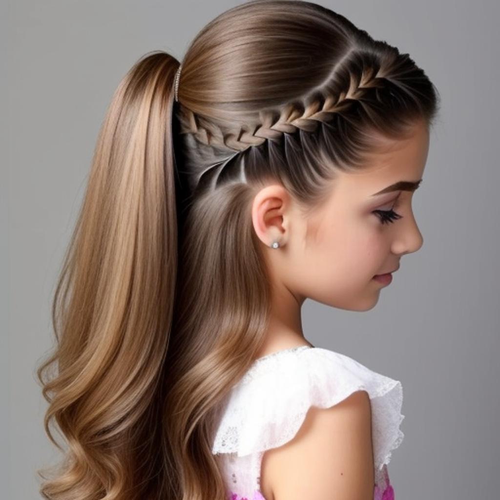 Una linda chica con cabello largo peinado en una trenza de cola de caballo, mostrando un peinado moderno para una niña de 11 años con cabello suelto.
