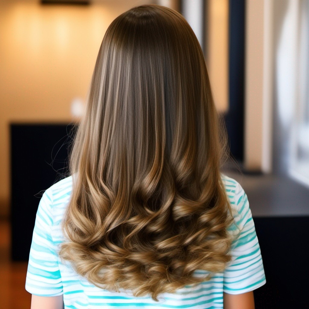 Una linda chica con un cabello hermoso y suelto que cae en ondas sueltas y muestra peinados modernos para una niña de 11 años.