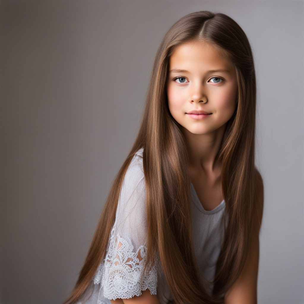 Una joven de cabello largo y ojos azules, que luce peinados sueltos adecuados para una niña de 11 años.