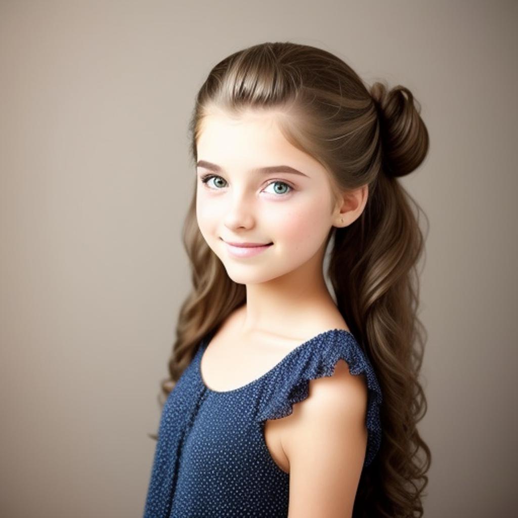 Retrato de una encantadora niña de 11 años con un vestido azul, mostrando su largo cabello suelto con peinados sueltos.