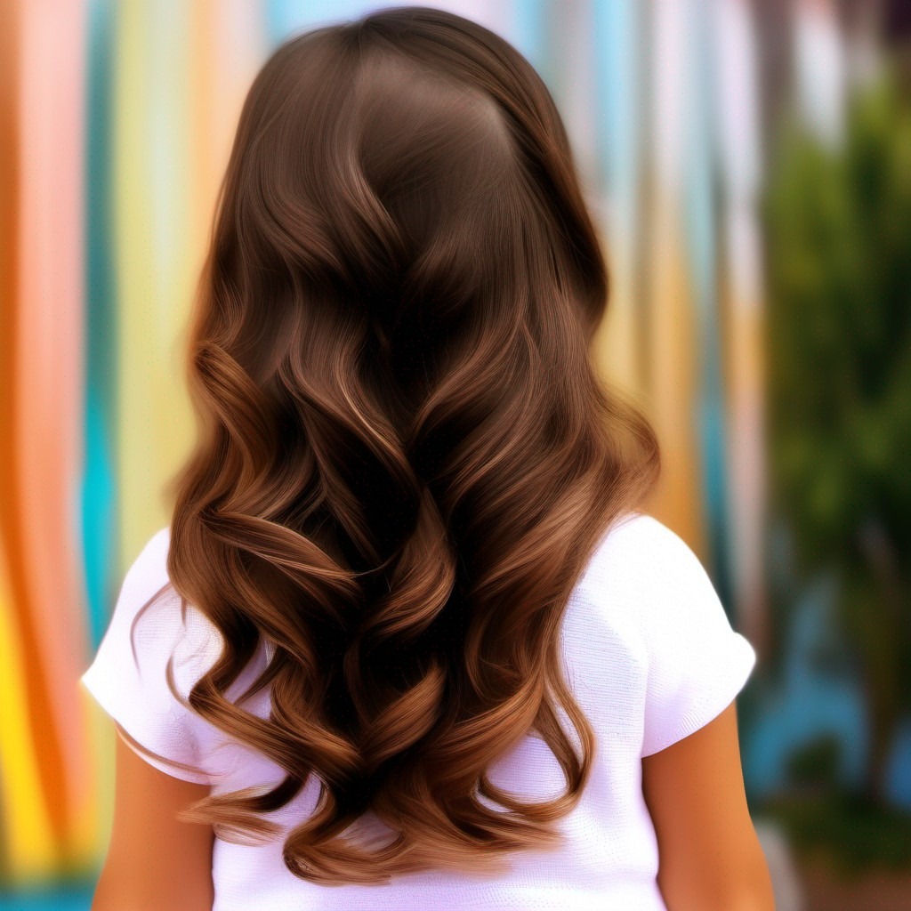 Una niña de 11 años con cabello largo y castaño posa frente a una pared vibrante, mostrando peinados sueltos.