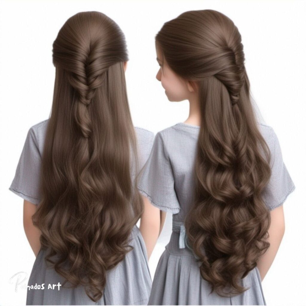 Dos niñas de 12 años con cabello largo y ondulado, luciendo peinados sueltos que caen maravillosamente en cascada sobre sus hombros.