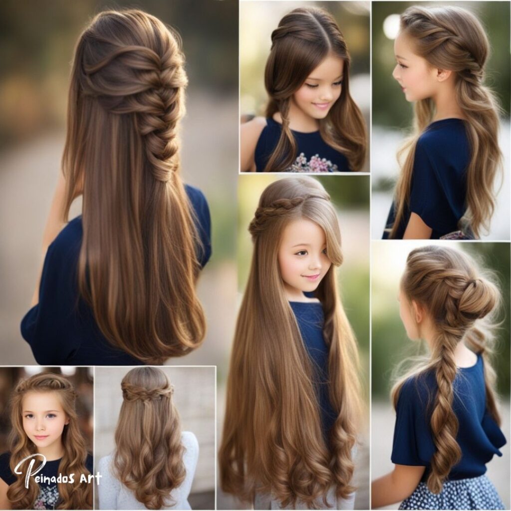 Collage de imágenes que muestran diversos estilos de cabello, incluidas opciones de cabello suelto adecuadas para una niña de 12 años.