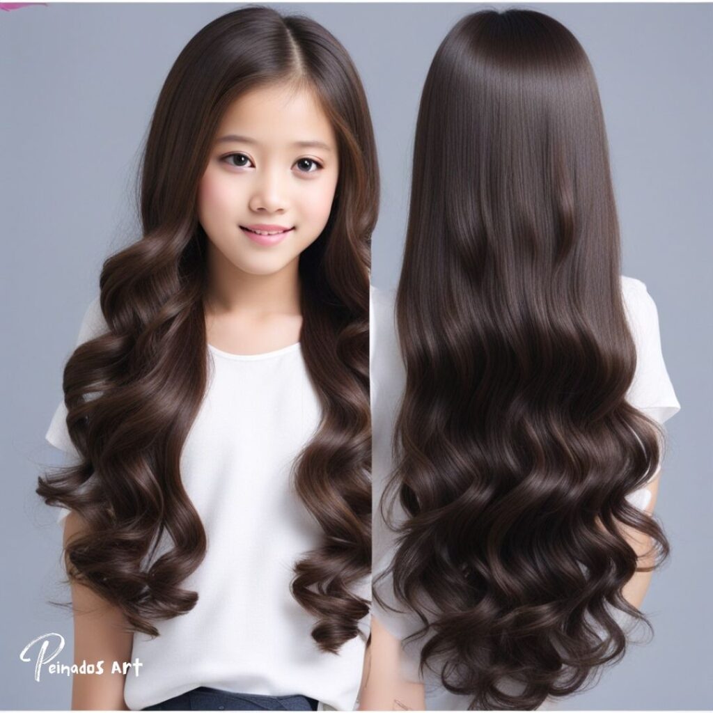 Dos imágenes que muestran diferentes peinados largos y ondulados para una niña de 12 años con cabello suelto.