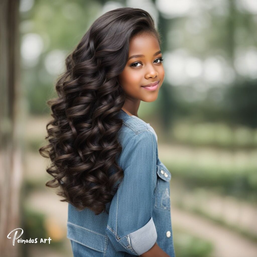 Una joven negra con cabello largo y rizado peinado con peinados sueltos adecuados para una niña de 12 años.
