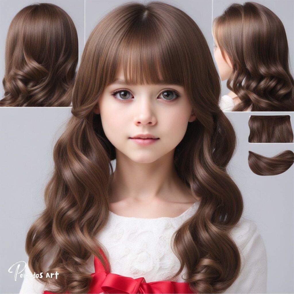 Una niña de 12 años con cabello largo y ondulado, luciendo un peinado suelto que complementa su apariencia juvenil.
