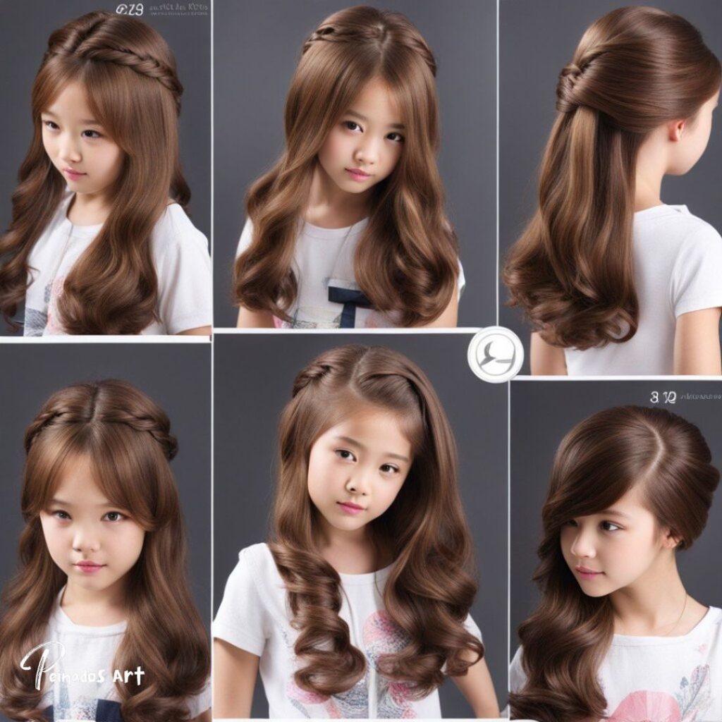 Progresión de peinados para una niña de 12 años, que muestra varias etapas de peinados sueltos.
