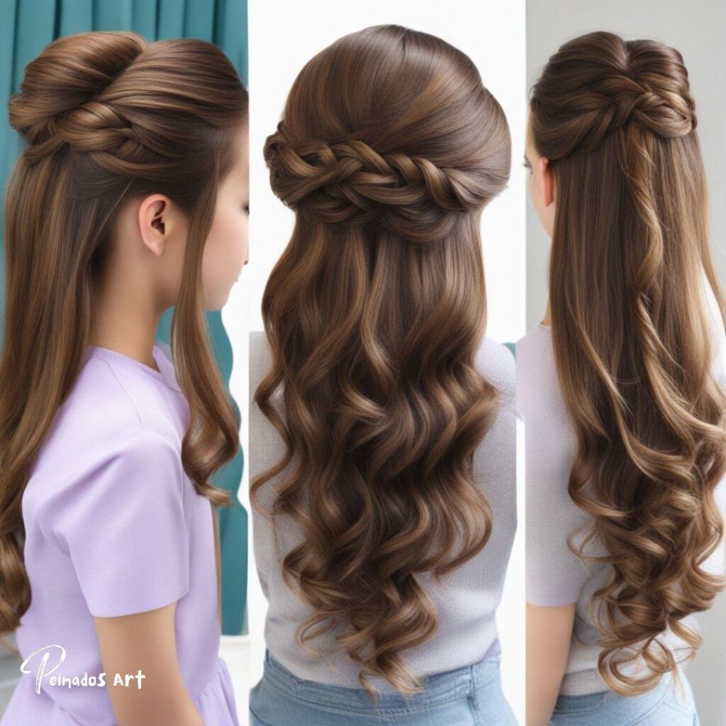 Tres imágenes de una chica con pelo largo en diferentes estilos. Perfecto para peinados sueltos de una niña de 12 años.
