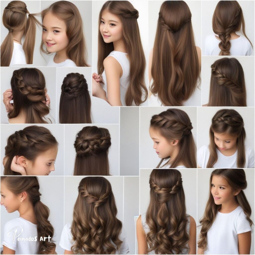 Peinado con trenza mitad arriba y mitad abajo para niña de 12 años con cabello suelto.