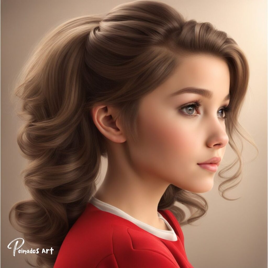 Una pintura digital que representa a una niña de 12 años con una cola de caballo y muestra varios peinados sueltos para su cabello.

