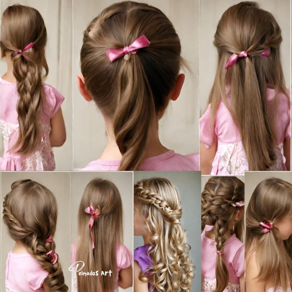 Collage de imágenes que muestran varios peinados para una niña de 5 años, con cabello suelto peinado de diferentes maneras.