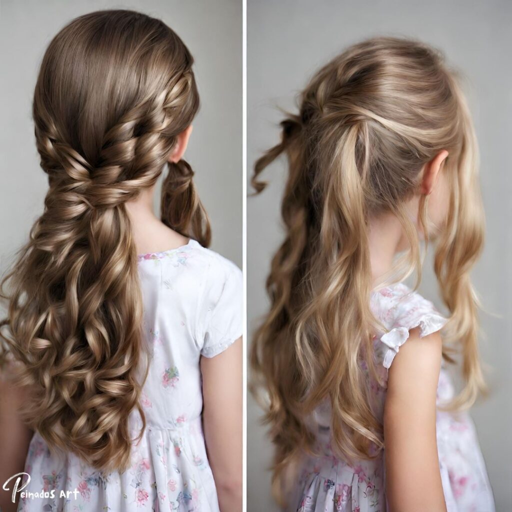 Una niña de 5 años con cabello largo peinado con una media trenza, mostrando un peinado encantador para niñas.