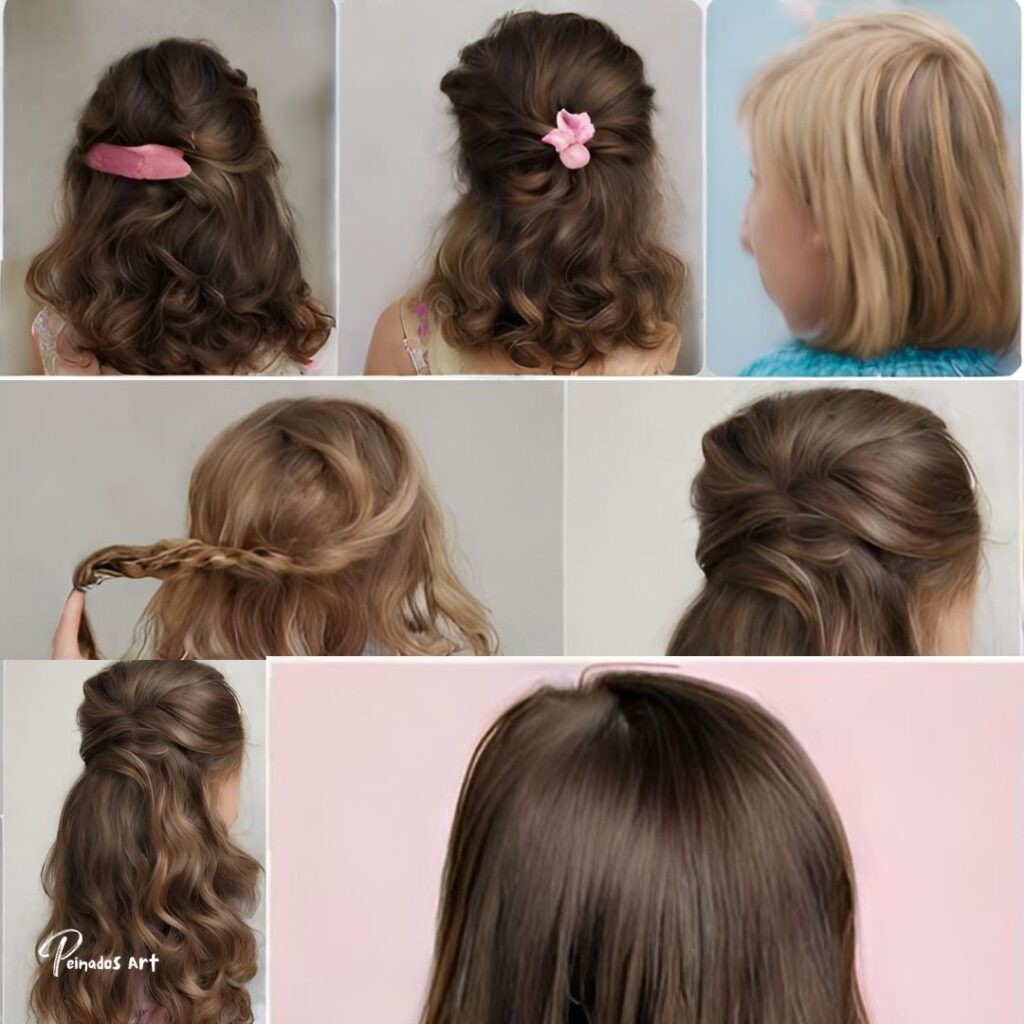 Collage de imágenes que muestran un peinado mitad arriba mitad abajo, adecuado para una niña de 5 años con cabello suelto.