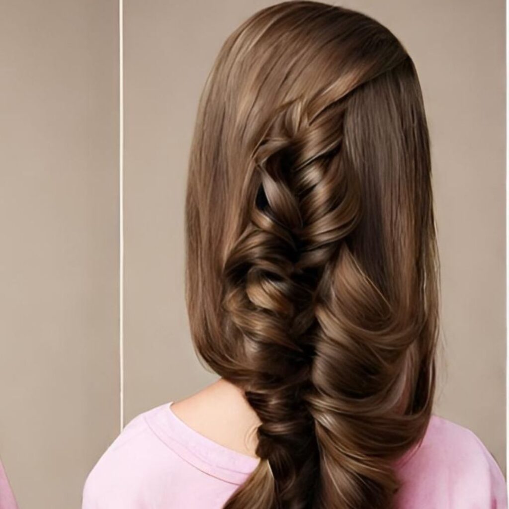 Una niña con cabello largo peinado con una trenza de cola de pez, adecuada para los peinados de cabello suelto de una niña de 5 años.