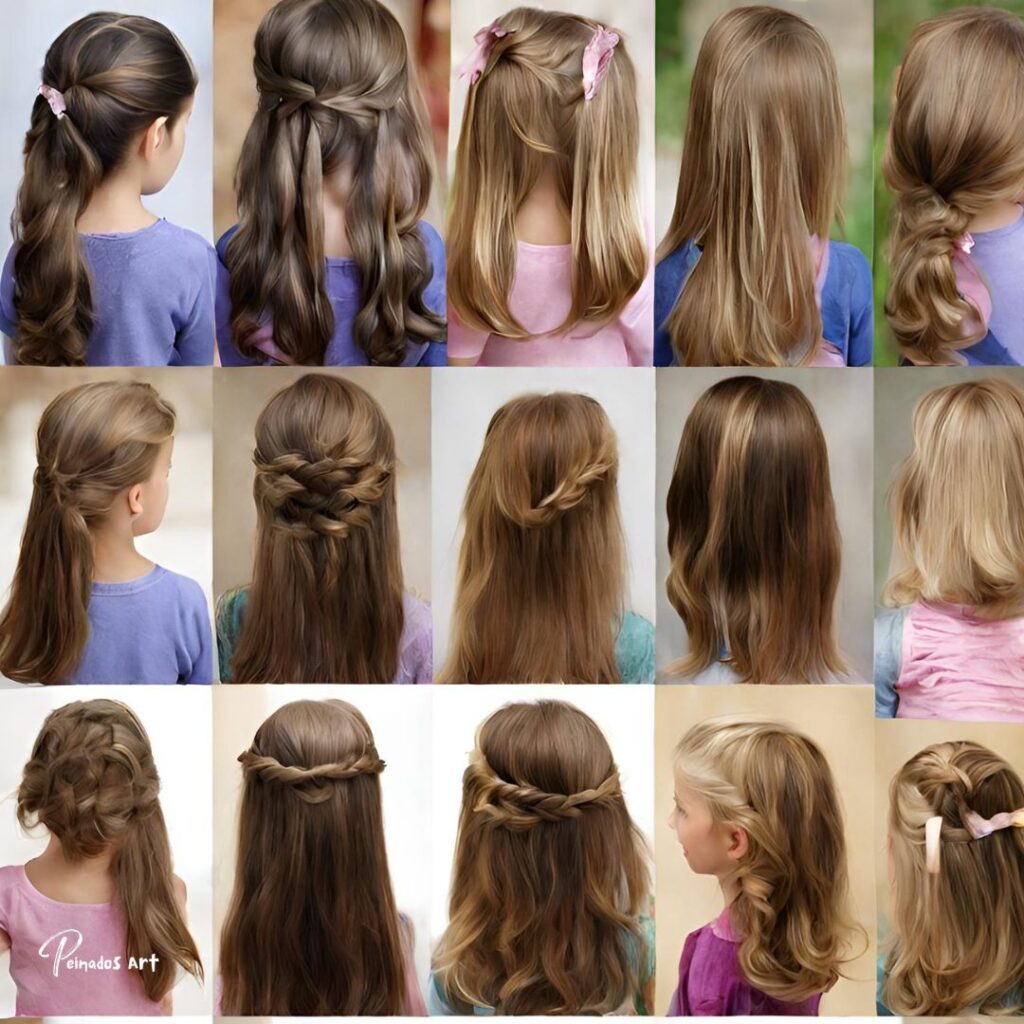 Collage que muestra diversos peinados para niñas, incluidos peinados sueltos, ideales para una niña de 5 años.
