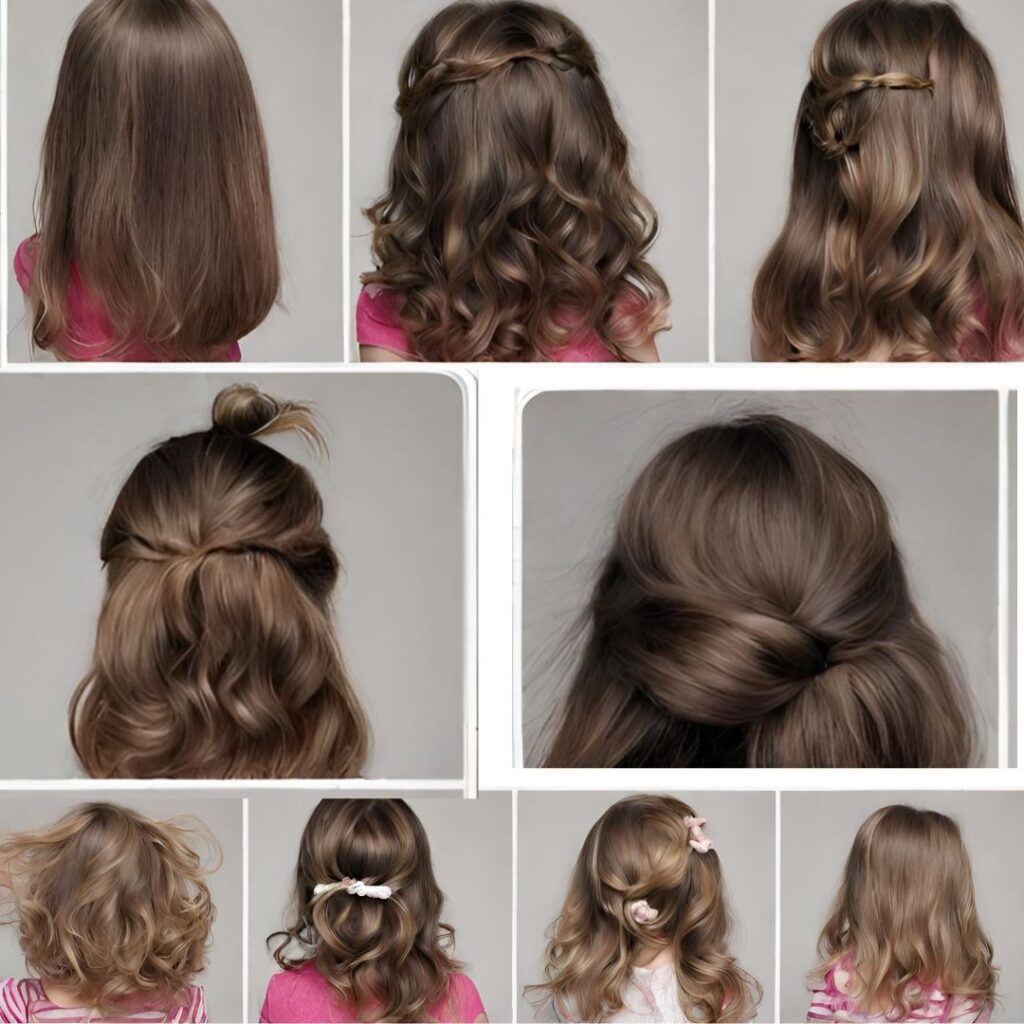 Collage de imágenes que muestran varios peinados para una niña de 5 años, con cabello suelto peinado de diferentes maneras.