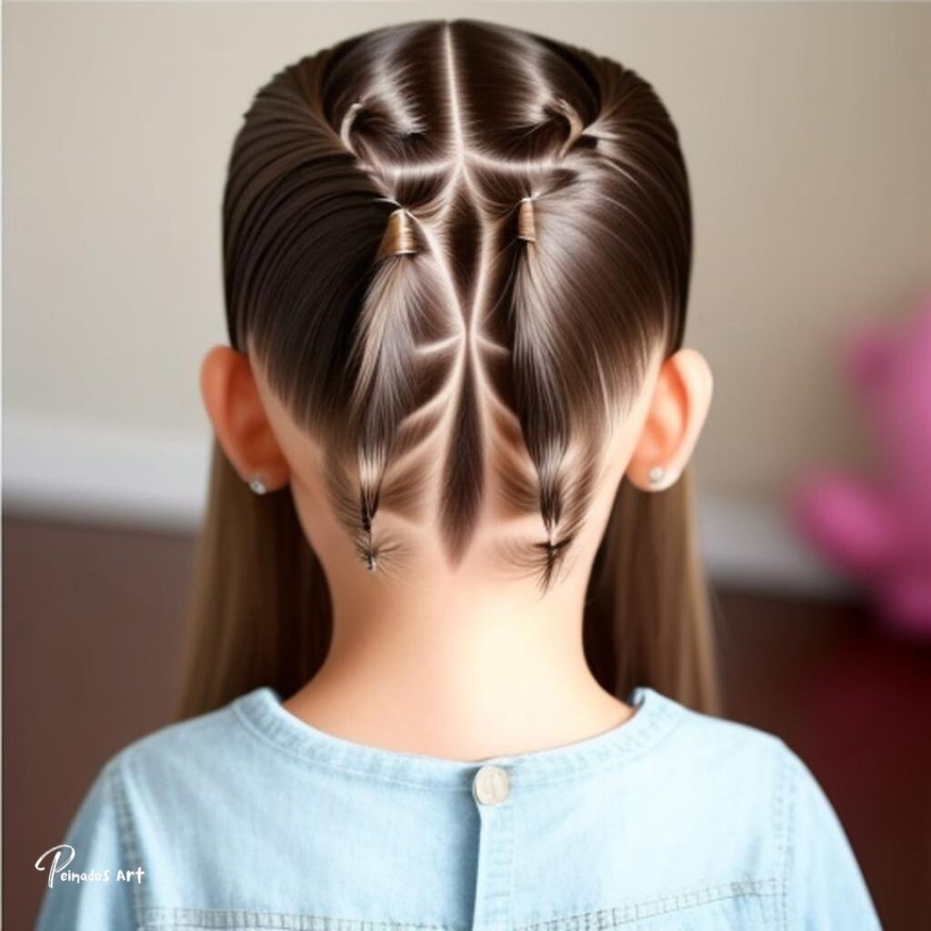 Una niña de 5 años con el pelo trenzado en forma de mariposa, mostrando un peinado creativo para niñas.