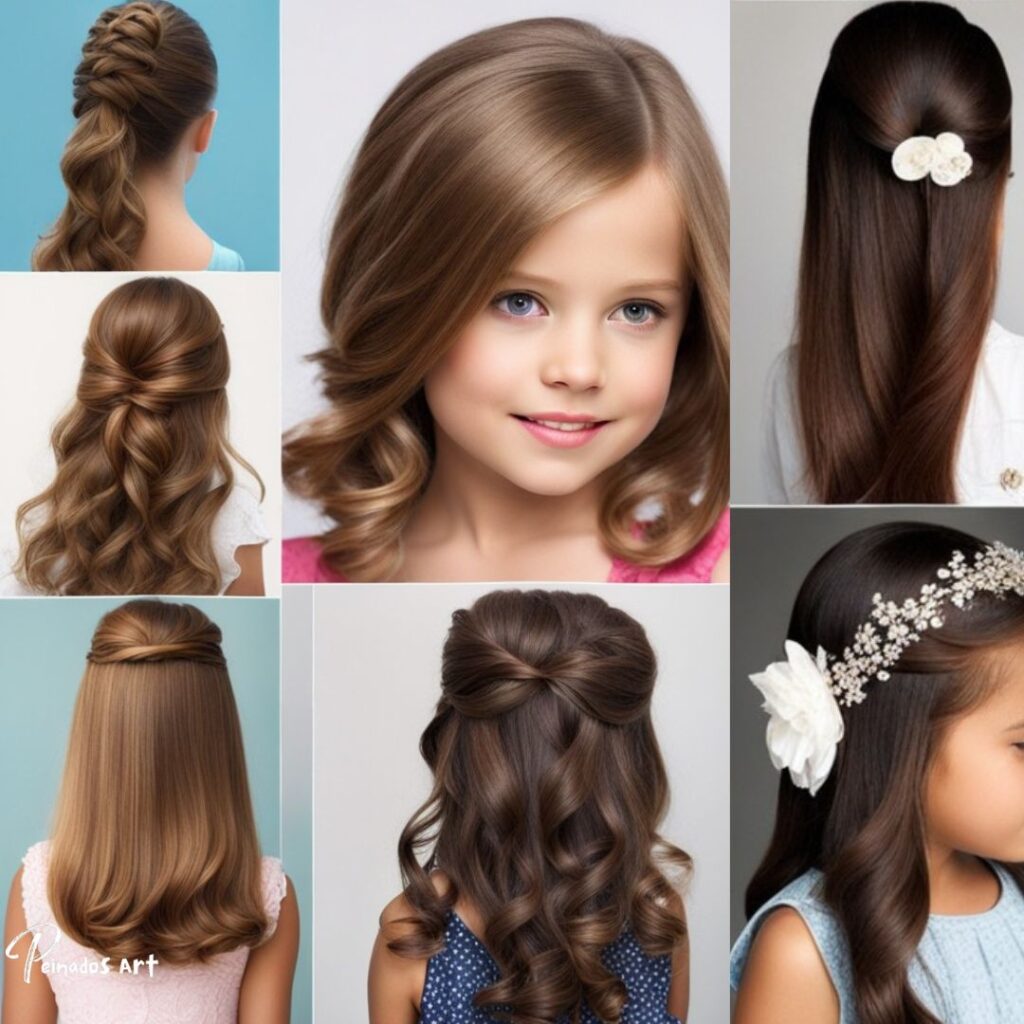 Un collage que muestra varios peinados para niñas, incluidos peinados sueltos, ideales para una niña de 8 años.