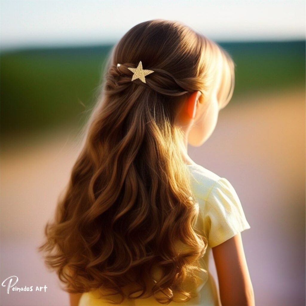 Una niña con cabello suelto adornado con una pinza de estrella, mostrando un peinado encantador para una niña de 8 años con cabello suelto.