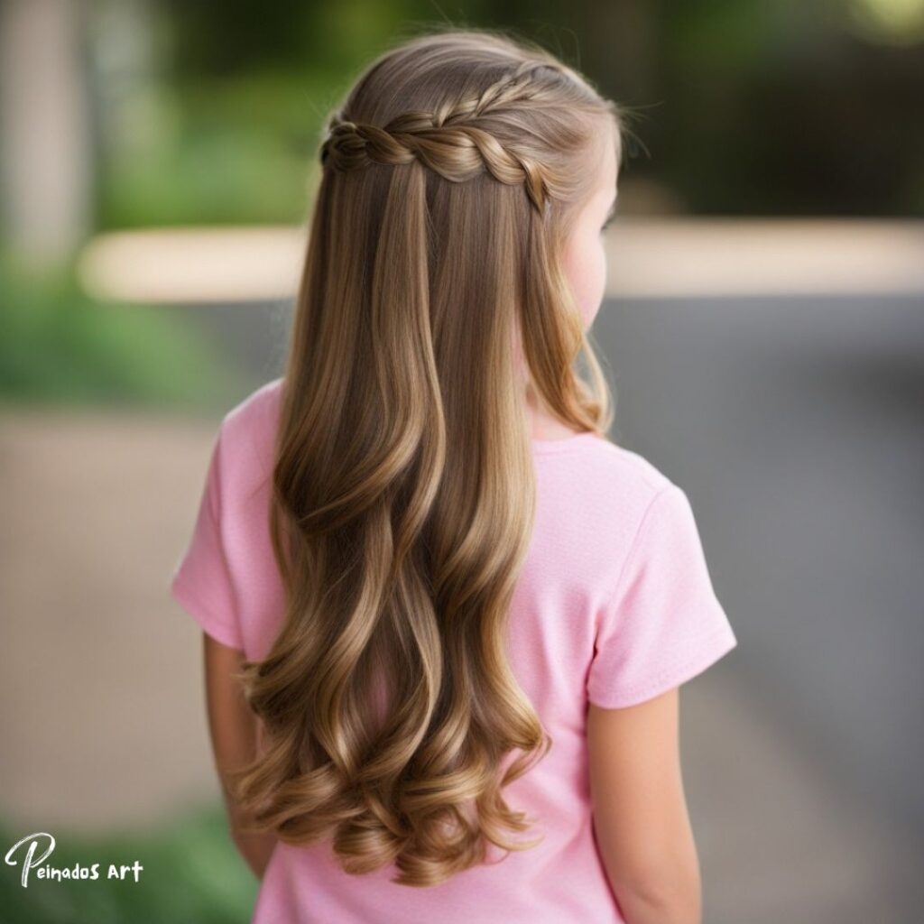 Una niña con una sola trenza, mostrando su cabello largo y ondulado, perfecto para el peinado suelto de una niña de 8 años.