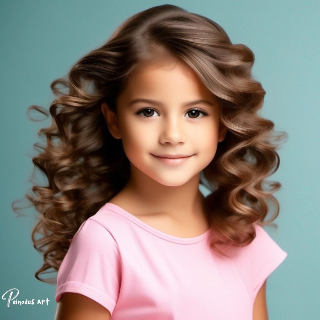 Retrato de una adorable niña de 8 años con cabello rizado, mostrando varios peinados sueltos para niñas.