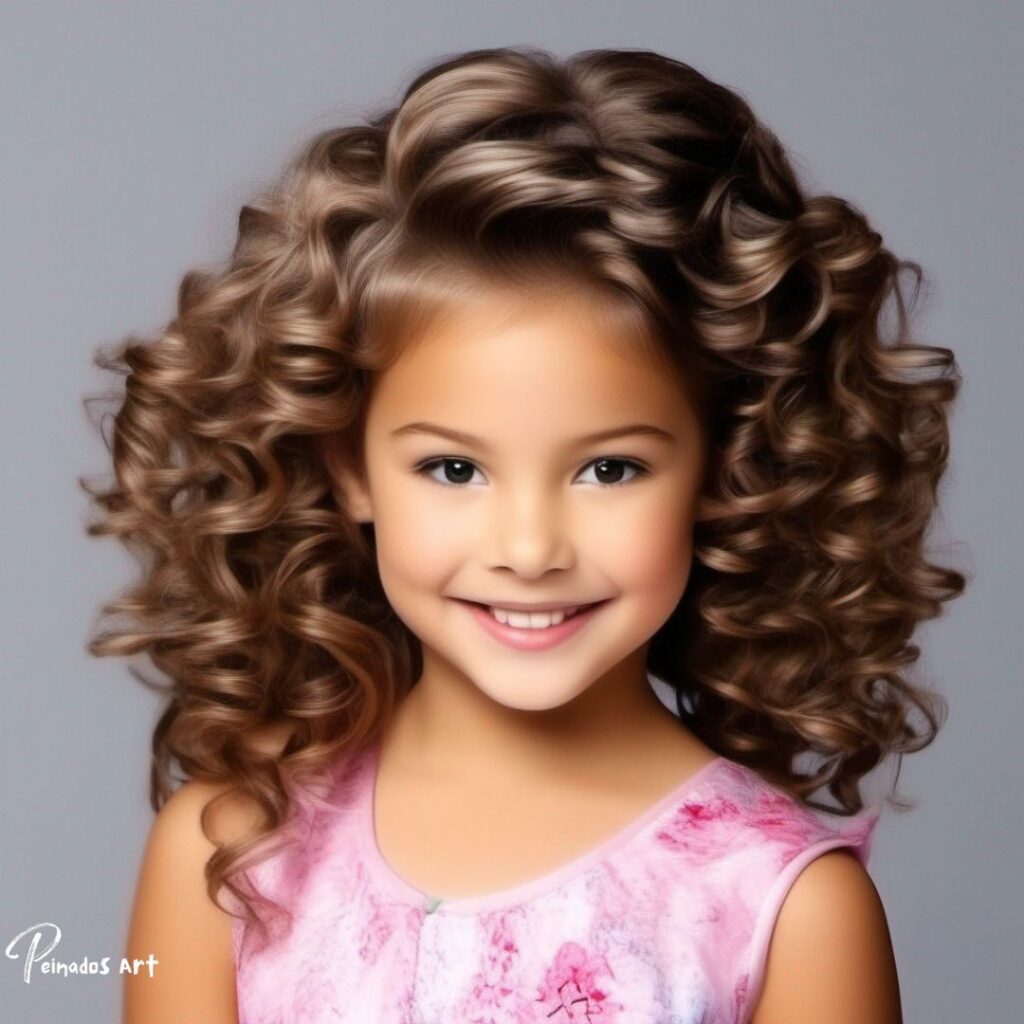 Una niña con cabello rizado posa con confianza para la cámara, mostrando peinados sueltos adecuados para una niña de 8 años.