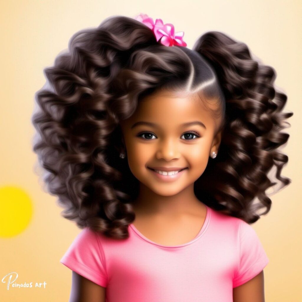 Una linda chica con cabello voluminoso y rizado, que exuda inocencia y encanto, mostrando una variedad de peinados sueltos adecuados para una niña de 8 años.