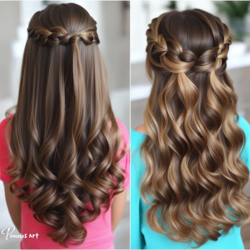 Dos imágenes de una niña de 8 años con el pelo largo peinado en una trenza, mostrando diferentes peinados con el pelo suelto.