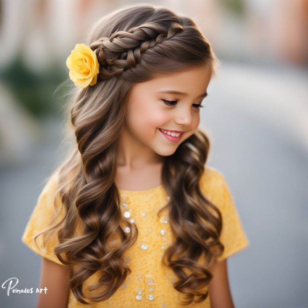 Niña de 8 años con vestido amarillo y pelo rizado suelto.