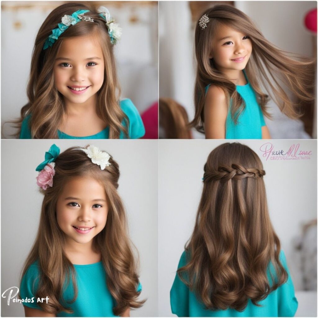 Cuatro imágenes de una niña de 8 años que muestra varios peinados, todos con su cabello largo y suelto.