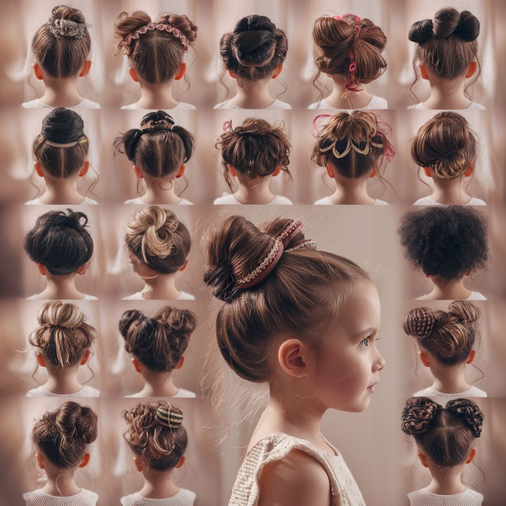 Collage de peinados Moño para niñas pequeñas. Variados estilos y diseños para lucir hermosas y a la moda.