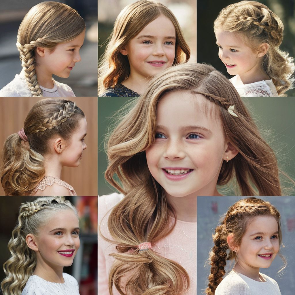 Un collage de varios peinados para niñas, incluidos peinados de cabello suelto.
