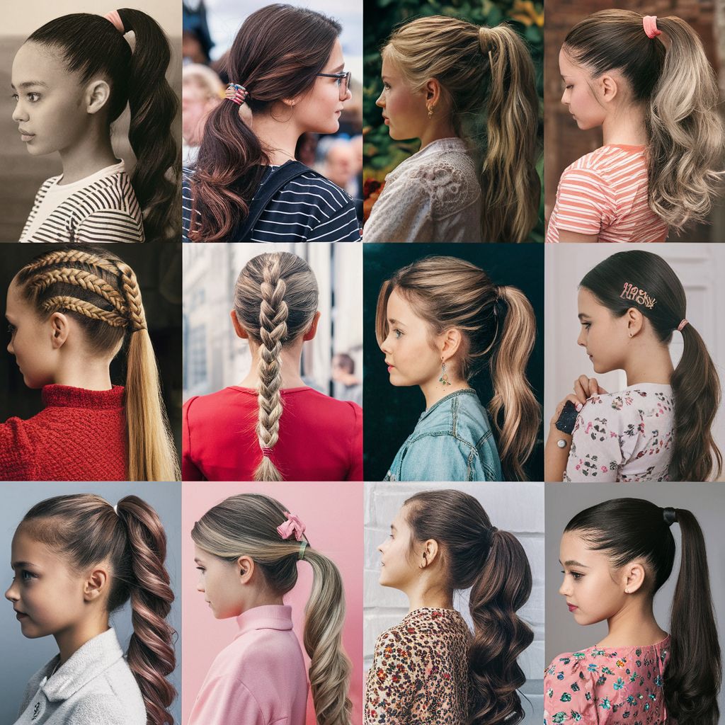 Collage de diferentes peinados para niñas, todos con cola de caballo.