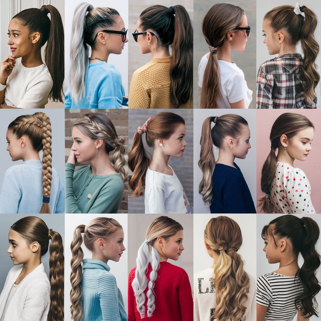 Collage de diferentes colas de caballo, peinados para niñas.