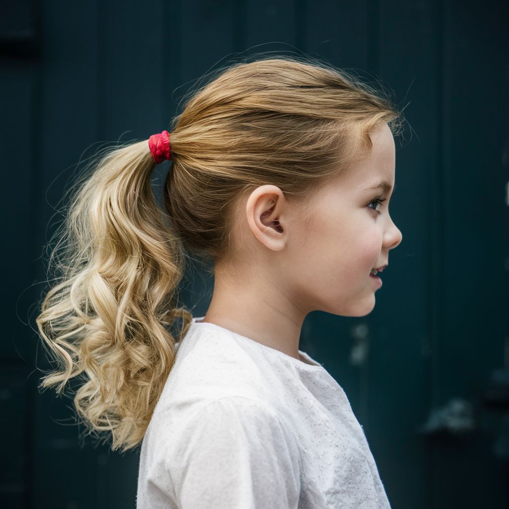 Imagen de una niña con una cola de caballo y un lazo rojo, mostrando lindos peinados para niñas.

