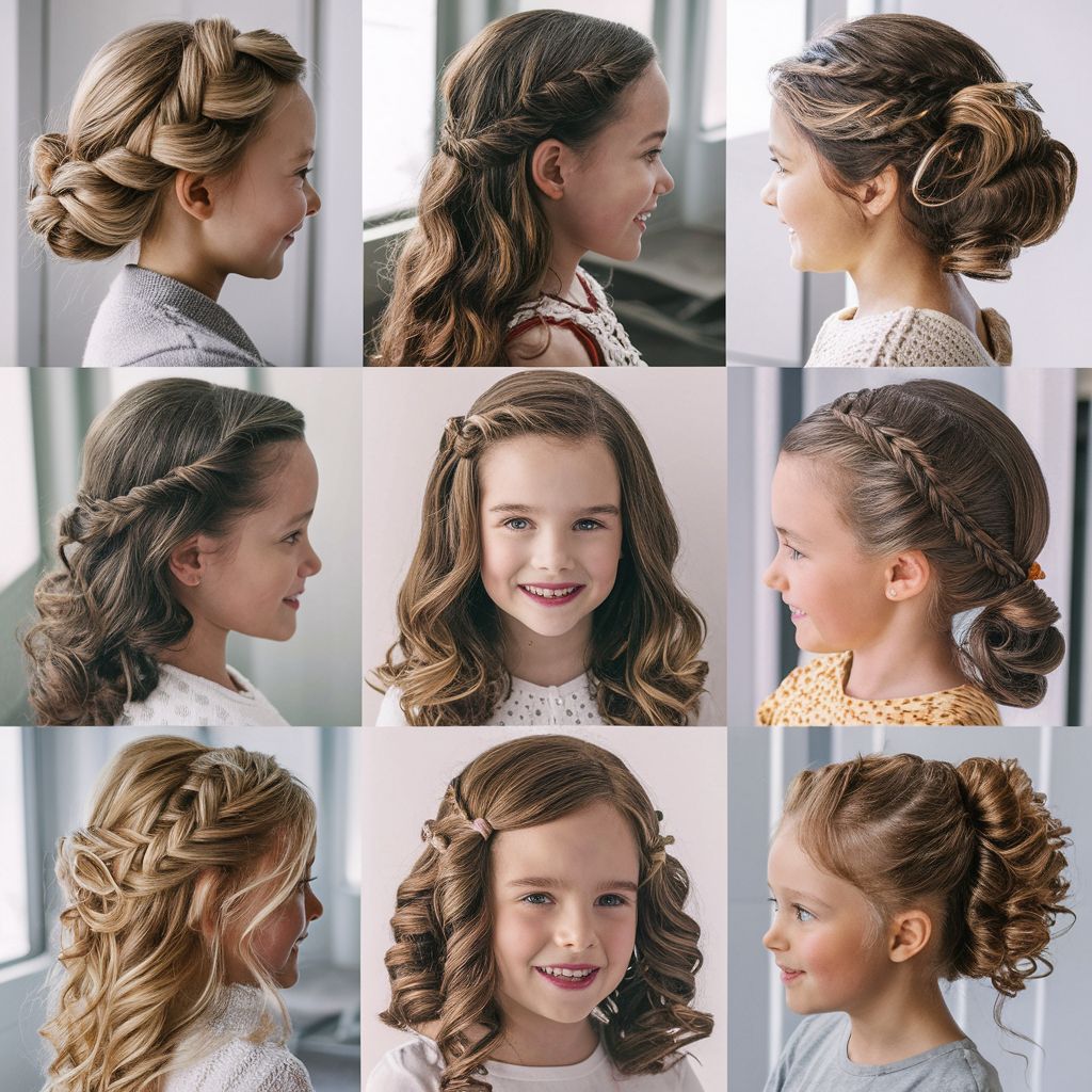 Un collage que muestra varios peinados ondulados para niñas pequeñas y ofrece una variedad de opciones adorables y elegantes.
