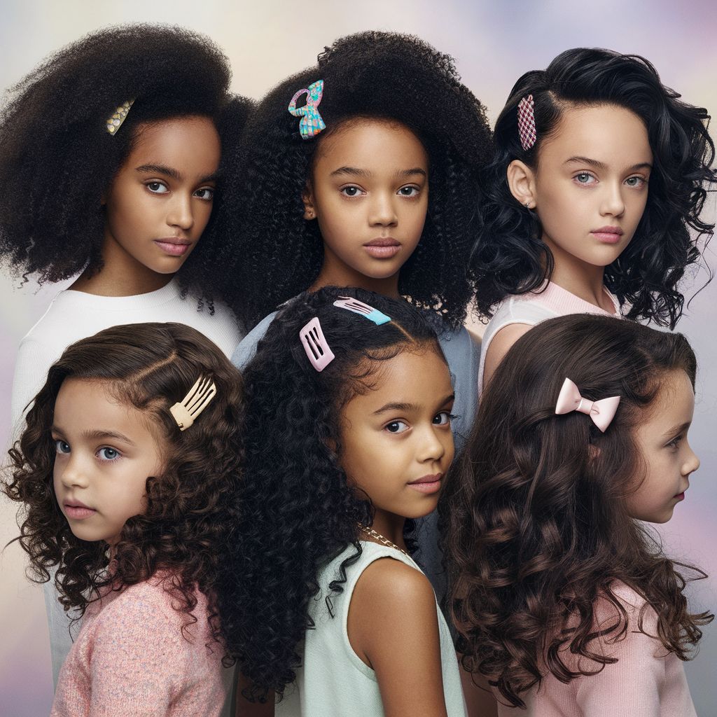 Un grupo de chicas jóvenes con cabello rizado que muestran varios peinados lisos para niñas.
