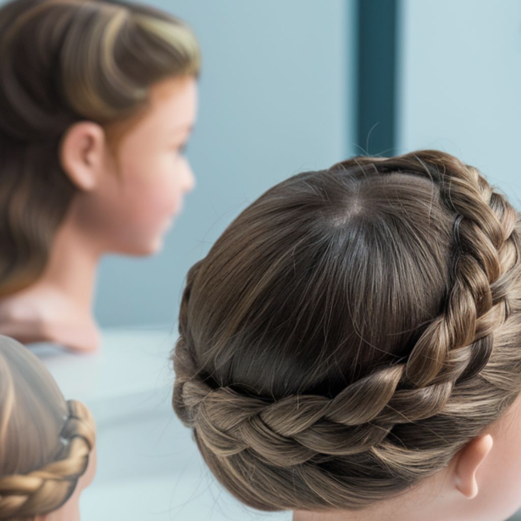 Una niña adorable que lleva una trenza en el cabello, ejemplificando uno de los elegantes peinados con trenza de corona.