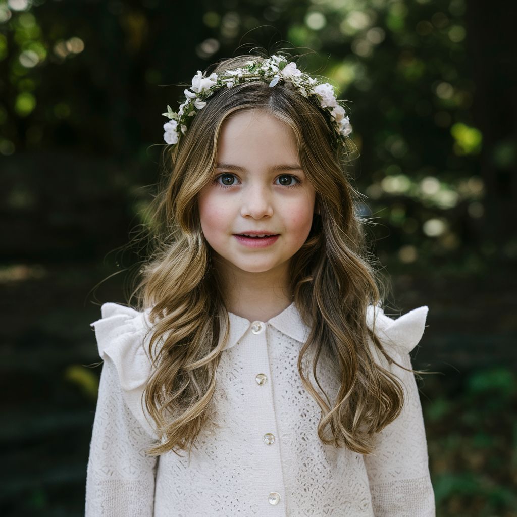  Una dulce niña con una trenza cuidadosamente diseñada en el cabello, mostrando uno de los cautivadores peinados con trenzas de corona