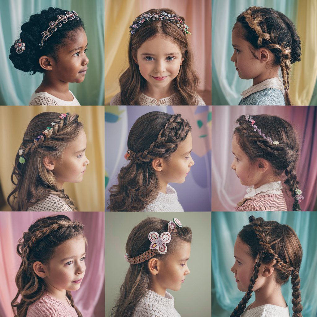 Un collage de peinados con trenzas de corona que muestra varios peinados para niñas.
