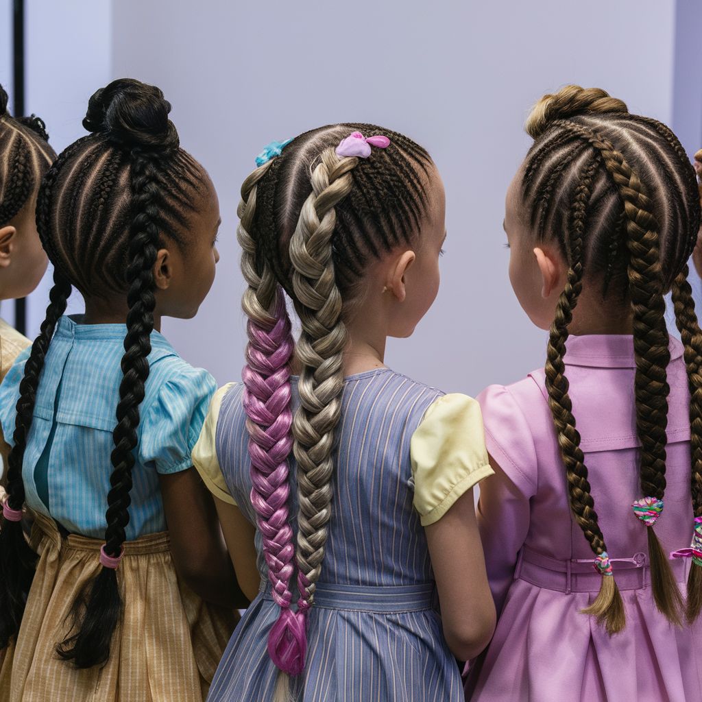 Un grupo de chicas con trenzas en el cabello, mostrando varios peinados trenzados.
