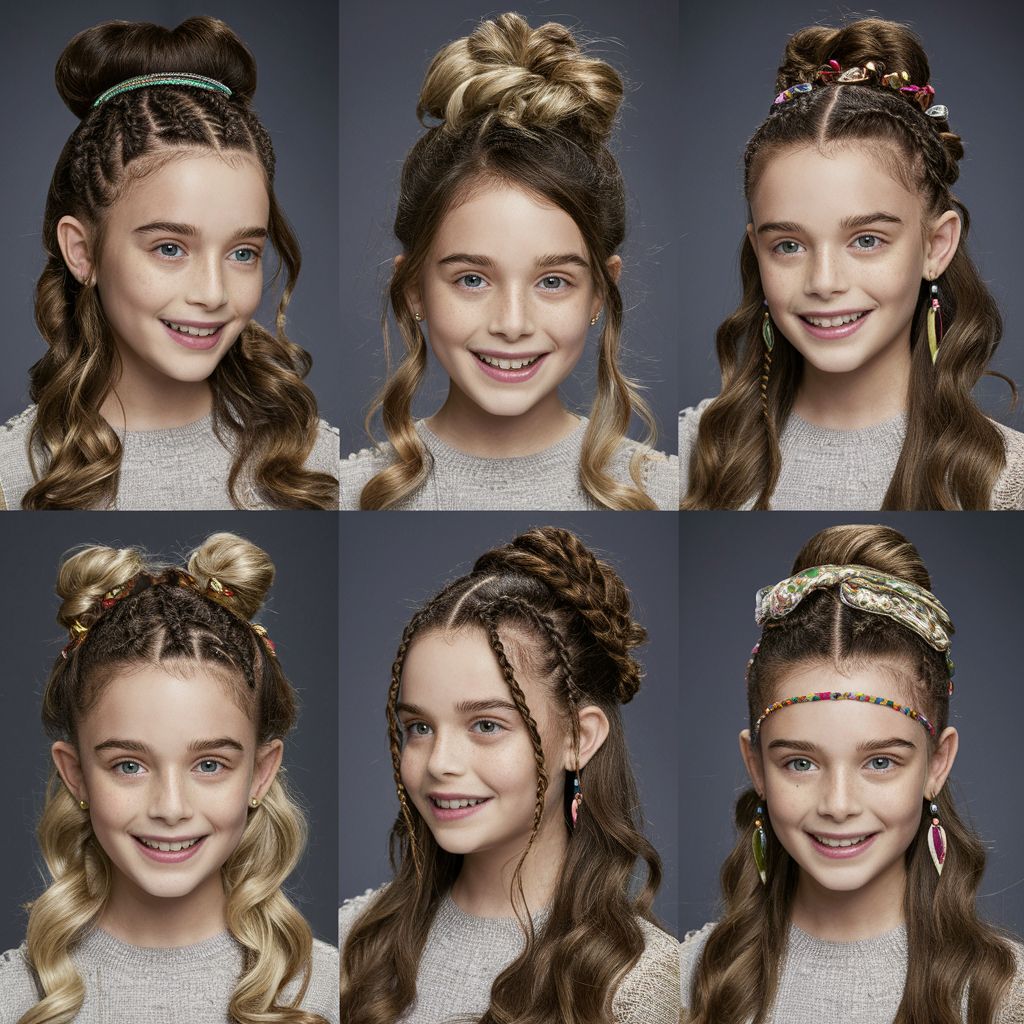 Una serie de fotos de niñas jóvenes con diferentes estilos de peinados semi-recogidos.