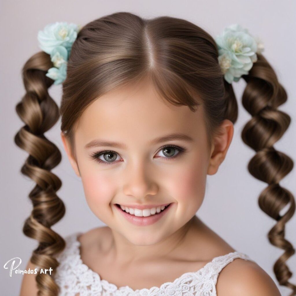 Una joven con cabello rizado adornado con flores, mostrando un peinado encantador de la colección de peinados fáciles para niñas.