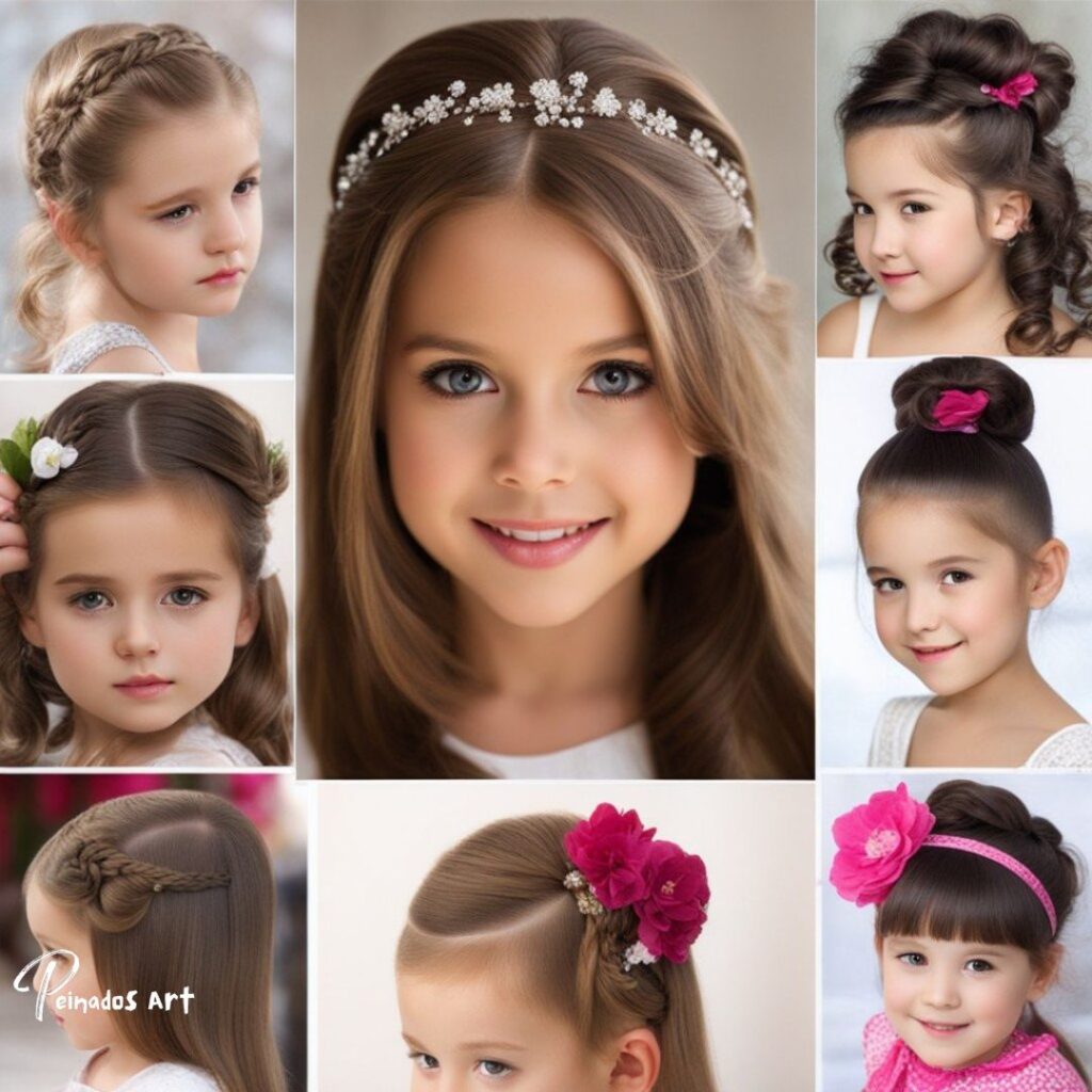 Un collage de niñas pequeñas que muestra varios peinados, incluidos divertidos y poco convencionales, que sirven de inspiración para peinados sencillos para niñas.
