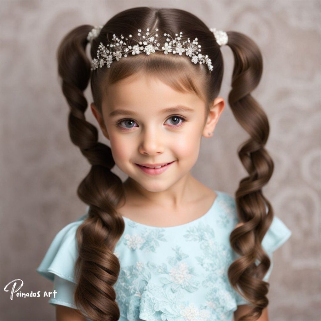 Una niña con una tiara y mostrando su largo cabello, en medio de una colección de imágenes que muestran peinados poco convencionales para niñas.