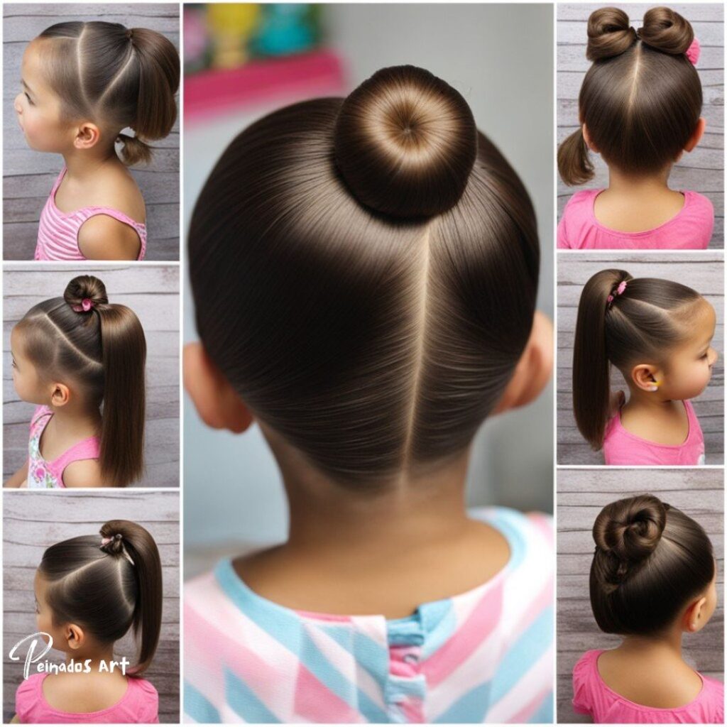 Un collage de niñas con el pelo recogido en moños, que muestra varios peinados locos para una chica fácil.