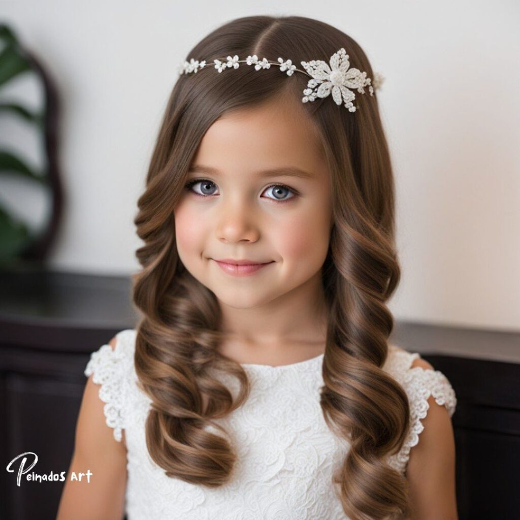Una niña pequeña con una tiara, mostrando su largo cabello, exudando elegancia y encanto.
