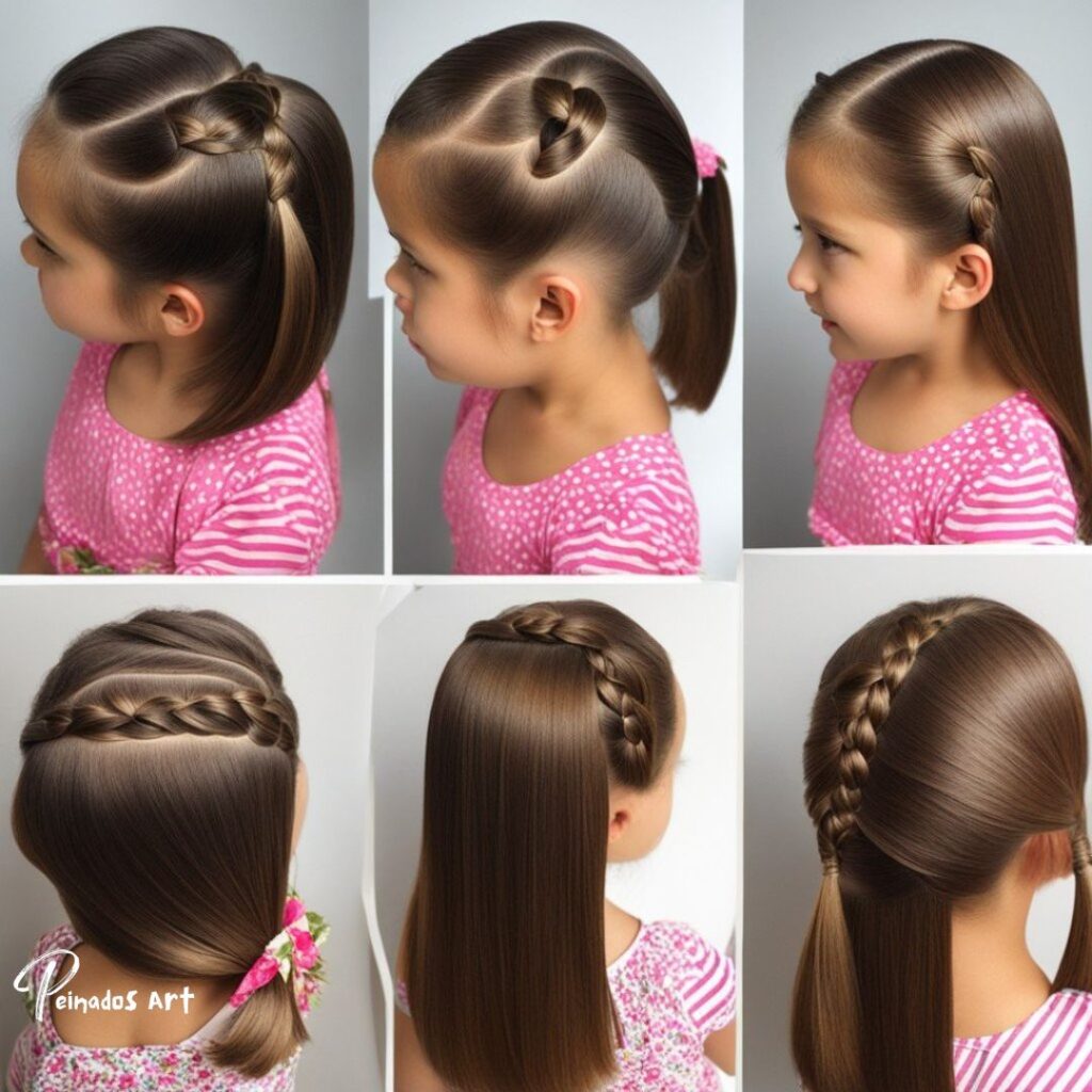 Una guía paso a paso que ilustra cómo trenzar el cabello de una niña y muestra varias imágenes de peinados creativos y sencillos para niñas.