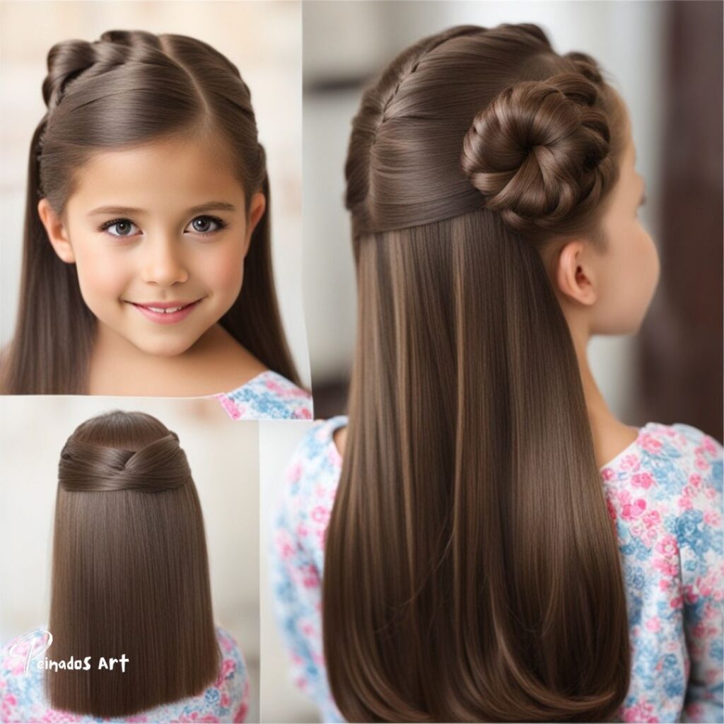 Una linda chica con cabello largo peinado en una sola trenza, mostrando una apariencia simple pero encantadora en medio de imágenes de peinados poco convencionales para niñas.